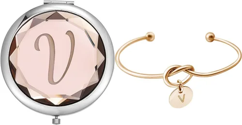 Miniatura 7 de Espejos de maquillaje compactos de bolsillo de cristal, el juego de espejos de letras incluye 1 espejo de letra, 1 pulsera de nudo de amor