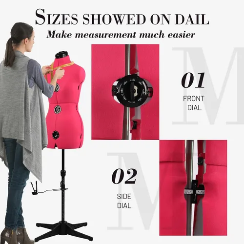 Miniatura 4 de Maniquí Ajustable Rosa para Vestidos de Costura Femenino Talla 6-14, Cuerpo de Modelo Pinchable con 13 Diales y Guía de Dobladillo de 360 Grados