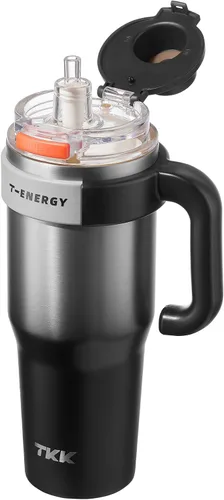 Miniatura 18 de TKK Vaso de 27 onzas con asa y popote, botella aislada con revestimiento de cerámica, taza de viaje 100% a prueba de fugas para agua, té helado