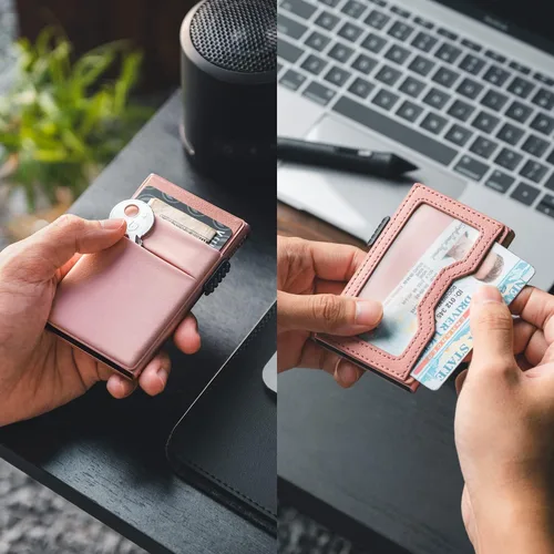 Miniatura 38 de VULKIT Billetera minimalista con ventana de identificación y bolsillo EDC con bolsillo desplegable para tarjetas de crédito y bloqueo RFID, diseño