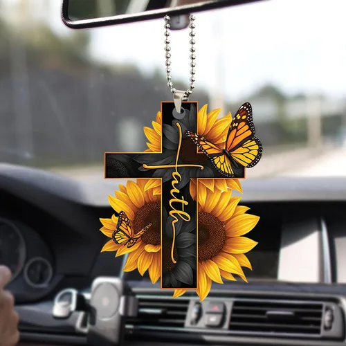 Talataca Fe Girasol Dios Jesús Cruz Cristiana Mariposa 2D Espejo Retrovisor de Coche Plano Accesorios Adorno Árbol de Navidad Decoración Colgante