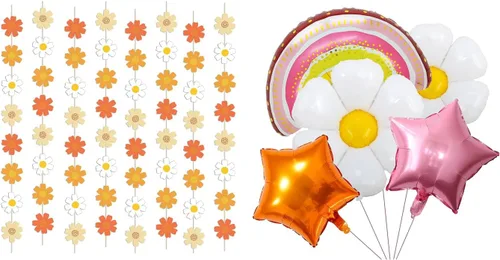 Daisy Groovy - Pancartas colgantes de fiesta bohemia, globo de margarita, arco iris, globo Groovy para uno y dos con temática genial para decoración