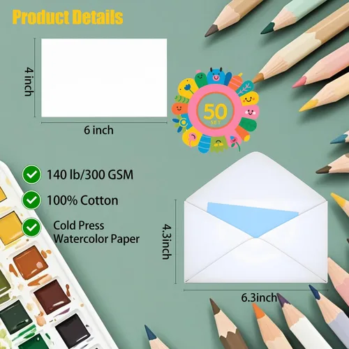 Miniatura 2 de 50 juegos de tarjetas de acuarela pura con sobres, tarjetas de papel de acuarela de algodón de 140 libras/300 GSM, utilizadas para arte y pintura