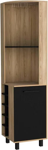 Tuhome Kaia - Armario esquinero para bar, dos estantes, estante de vino integrado, gabinete de una sola puerta, dos estantes interiores, negro/pino