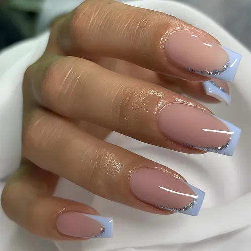 Miniatura 6 de Uñas postizas francesas a presión con forma de ataúd rosa estrella, diamantes de imitación, diseño brillante, cobertura completa, uñas acrílicas, 24