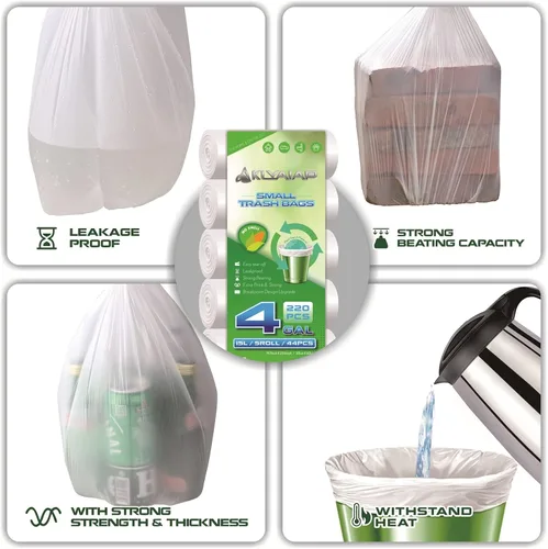 Miniatura 2 de 220 bolsas de basura pequeñas biodegradables de 4 galones, resistentes a desgarros y fugas, sin perfume, para el hogar y la cocina, 5 rollos