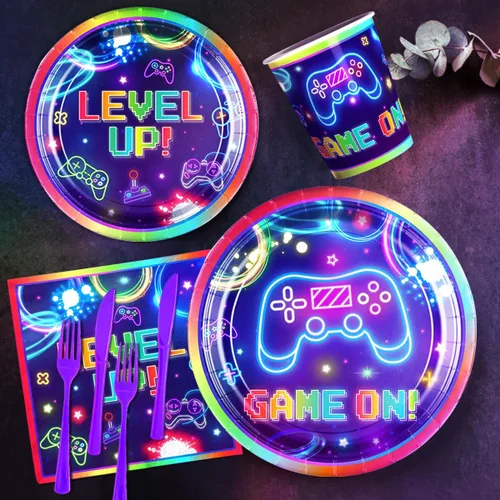 Miniatura 4 de 142 piezas de decoración de cumpleaños de videojuegos, vajilla para fiesta de jugadores, videojuegos en platos temáticos, servilletas, vasos