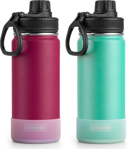 Miniatura 11 de Koodee Paquete de 2 botellas de agua, de 12 onzas, acero inoxidable, con aislamiento al vacío, con tapa de boquilla a prueba de fugas, color verde