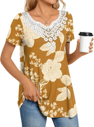 Miniatura 3 de CATHY Blusa de verano para mujer, manga corta, cuello en V, encaje de ganchillo, informal, plisada