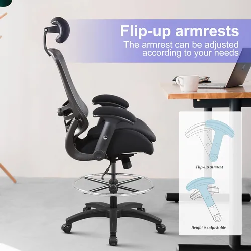 Miniatura 6 de BOLISS Silla de dibujo ergonómica de 400 libras, silla alta de malla para oficina, silla de escritorio de pie, reposabrazos ajustable en altura
