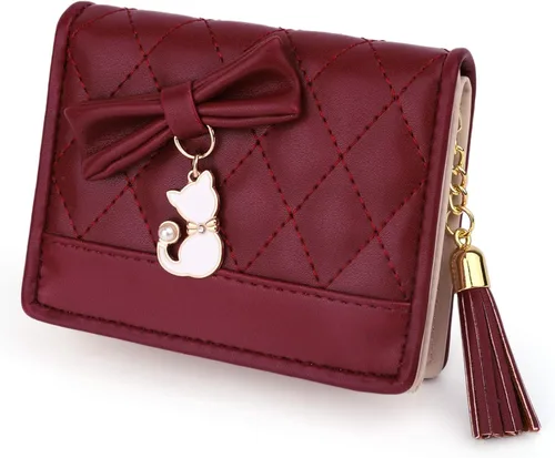 UTO Cartera de piel sintética para mujer, de gran capacidad, colgante de gato, soporte para teléfono, organizador de chequera, con cremallera,