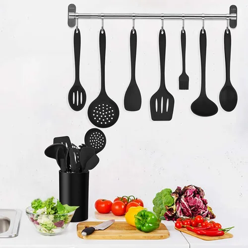 Miniatura 7 de LIANYU Juego de utensilios de cocina de silicona negra de 12 piezas con soporte, herramientas de cocina que incluyen espátula ranurada, cuchara