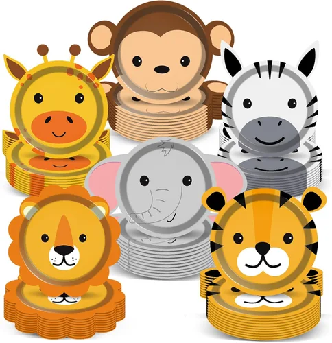 60 platos de papel para fiesta de safari en la selva, platos desechables en forma de animales, platos de fiesta temática de safari, platos de fiesta