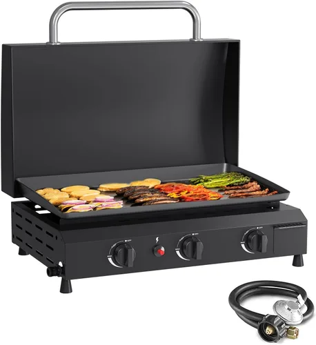 Miniatura 8 de SKOK Parrilla de gas de 3 quemadores con campana, parrilla de propano para exteriores de 25.6 pulgadas, parrilla de gas portátil con parte superior