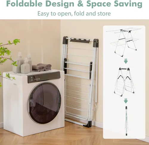 Miniatura 2 de Giantex Estante de secado de ropa, 2 capas de acero inoxidable plegable, con altura ajustable de 6 niveles, clips útiles, ahorro de espacio, Blanco