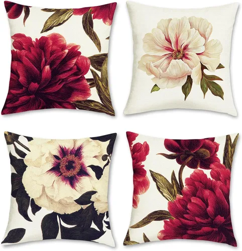 Bonhause Juego de 4 fundas de almohada florales de 16 x 16 pulgadas, fundas de almohada decorativas de flores de peonía roja y blanca, fundas de
