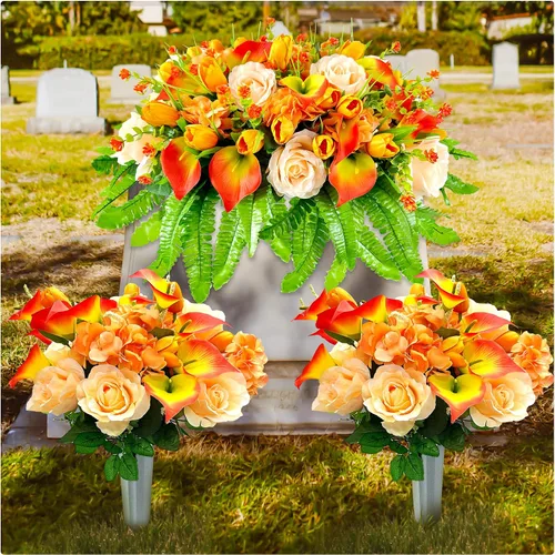 Miniatura 5 de FLOWERIA Silla de Flores para Lápida Flores de Cementerio para Tumba - Tulipanes Artificiales Rosas Flores de Condolencia para Decoración de Sitio