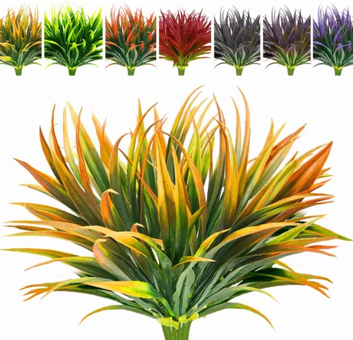8 piezas flores artificiales de otoño para decoración al aire libre, plantas artificiales de otoño para exteriores, hierba amarilla artificial,