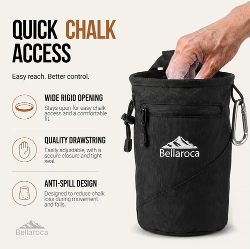 Miniatura 5 de BELLAROCA® Chalk Bag and Bouldering Brush for Rock Climbing – Waterproof Climbing Set with Ergonomic Design, Adjustable Belt and Carabiner