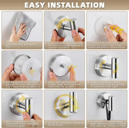 Miniatura 6 de Ganchos con ventosa para ducha - Ganchos reutilizables para baño para toallas, batas y lofa - Montaje sin taladro en cocina, paredes, metal, vidrio