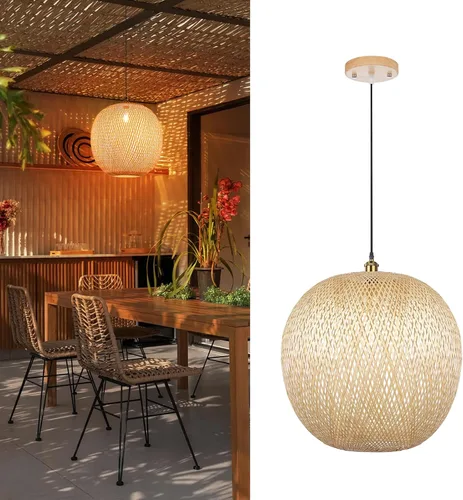 Miniatura 2 de Arturesthome Luces Colgantes de Bambú de 15.7", Candelabro de Mimbre Redondo, Pantalla de Lámpara de Canasta Boho Tejida a Mano, Luz de Techo