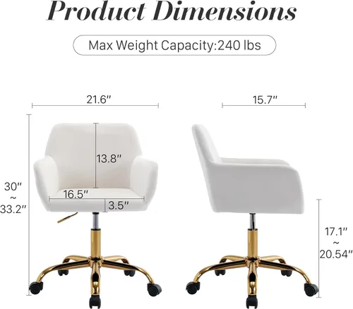 Miniatura 3 de Silla de escritorio de pelo sintético giratoria 360°, silla de oficina ajustable en altura con base dorada para adolescentes, mujeres y niñas, silla