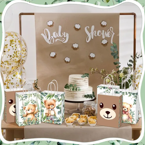 Miniatura 6 de Yeaqee - 24 bolsas de regalo de papel con asas para fiesta de oso lindo tema de oso con asas, bolsas de dulces para baby shower, fiestas de bosque