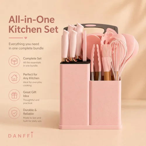 Miniatura 2 de Juego de cocina rosa de 19 piezas para el primer apartamento, utensilios completos de cocina de silicona con asas de madera, juego de cuchillos