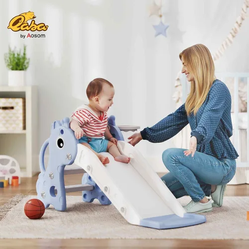 Miniatura 2 de Qaba Tobogán para niños pequeños con escalador, aro de básquetbol y pelota, tobogán para interiores con diseño de jirafa, equipo de juego Azul