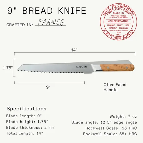 Miniatura 5 de Made In Utensilios de cocina Cuchillo de pan de 9 pulgadas Fabricado en Francia Espiga completa con mango de madera de olivo