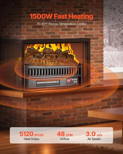 Miniatura 2 de VEVOR Calentador de Chimenea Eléctrico de 20 Pulgadas con Troncos, Inserto de Chimenea con Control Remoto, 5 Niveles de Brillo de Llama, Termostato