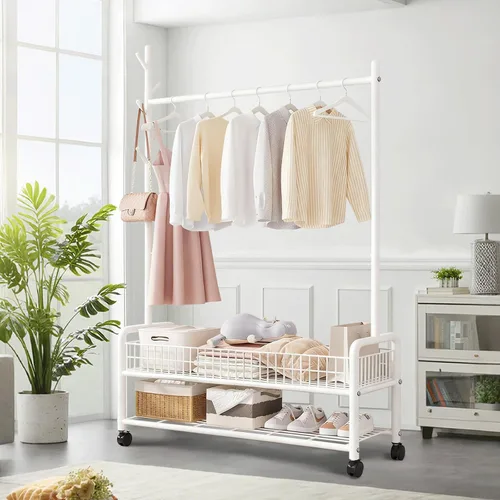 Miniatura 16 de Perchero con estantes de almacenamiento, perchero resistente con ruedas para dormitorio, sala de estar, organización de lavandería
