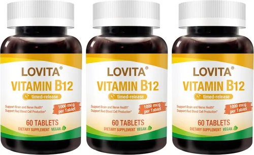 Miniatura 6 de LOVITA Vitamina B12 de liberación sostenida 1000 mcg (como cianocobalamina), liberación programada, 60 tabletas veganas para apoyo a la salud