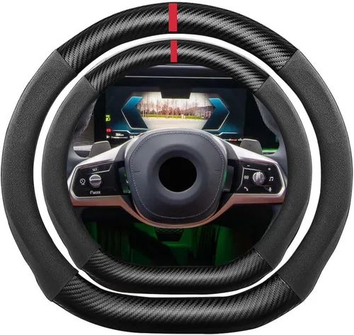 Miniatura 23 de Funda de volante de ante con fibra de carbono de K LAKEY, compatible con Porsche 718 Boxster Cayman 911 Panamera Macan Cayenne de 15 pulgadas, cuero