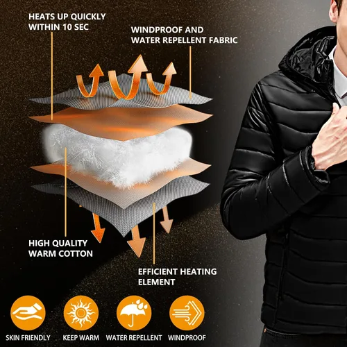 Miniatura 3 de Snullo Chaqueta acolchada con calefacción eléctrica para hombre, capucha aislada, cortavientos, 4 zonas de calor (batería no incluida)