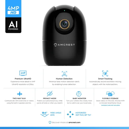 Miniatura 2 de Amcrest Cámara WiFi de 4MP para interiores, cámara para perros, monitor de sonido y bebé, detección de humanos y mascotas, seguimiento de Negro