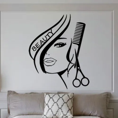 Miniatura 5 de Aniversario Día de la Madre Moderna Moda Belleza Chica Corte Cabello con Tijeras Peine Peluquería Peluquería Vinilo Vinilo Arte Mural