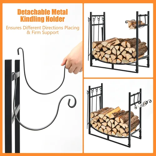 Miniatura 5 de S AFSTAR Estante para leña de 30 pulgadas, soporte para leña con 4 ganchos de almacenamiento, 2 soportes para leña, 4 herramientas de chimenea