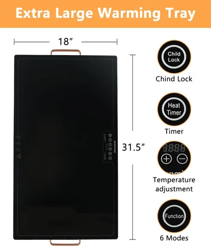 Miniatura 8 de Bandeja de calentamiento eléctrica de 31.5 x 17.7 pulgadas, calentador de alimentos de superficie completa con temperatura y temporizador