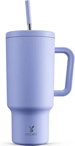 Miniatura 55 de Meoky - Vaso de 30 oz con asa, tapa y pajilla, taza de viaje térmica de acero inoxidable 100% a prueba de fugas, para portavasos, mantiene el frío