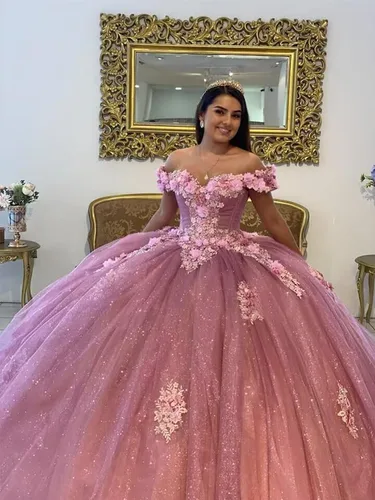Miniatura 3 de Youjiayi Vestidos de quinceañera florales 3D con lazo fuera del hombro con cuentas dulces 16 vestidos de encaje hinchado apliques vestido de bola