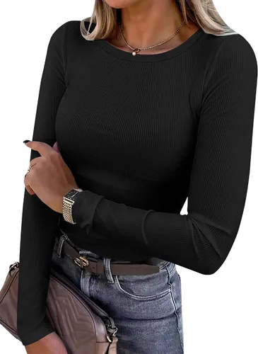 ANRABESS - Camisetas de manga larga para mujer, de punto acanalado, ajustadas, básicas, 2025, informales, para usar a capas o debajo del uniforme en