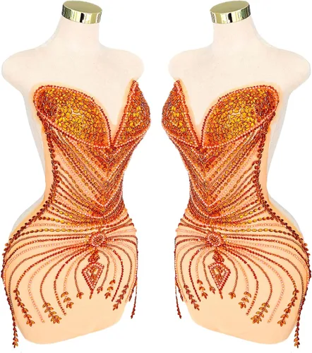 Parches de cristal con cuentas grandes hechos a mano con diseños de apliques de diamantes de imitación para vestido formal de baile (L10-naranja)