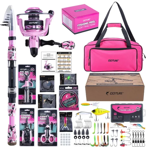 Miniatura 18 de Goture Combo de caña de pescar y carrete rosa - Carrete giratorio ML Action con bolsa rosa - Kit de caña telescópica para principiantes, viajes