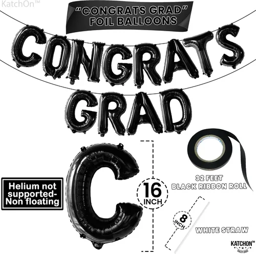 Miniatura 4 de Decoraciones de graduación 2026 Globos negros de graduación de felicitaciones – 16 pulgadas Cartel negro de felicitaciones graduadas Cartel