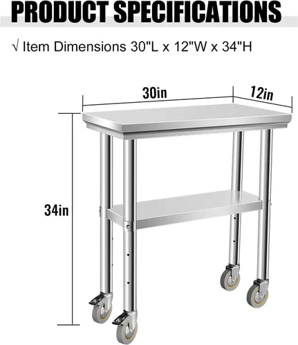 Miniatura 2 de Mesa de acero inoxidable para preparación de 30 x 12 pulgadas, mesa de trabajo resistente con 4 ruedas para cocina comercial, restaurante, hogar