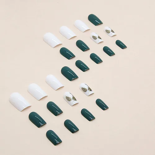 Miniatura 2 de 24 uñas postizas cuadradas medianas a presión, uñas postizas acrílicas artificiales con diseños de plumas doradas, cobertura completa