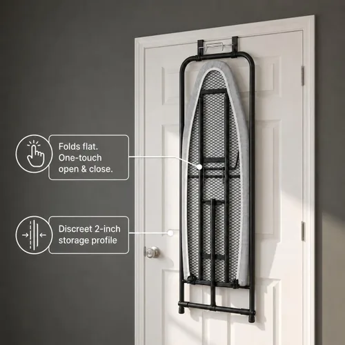 Miniatura 6 de Household Essentials Tabla de planchar sobre la puerta, cierre automático, delgada y compacta, perfecta para espacios pequeños, incluye cubierta