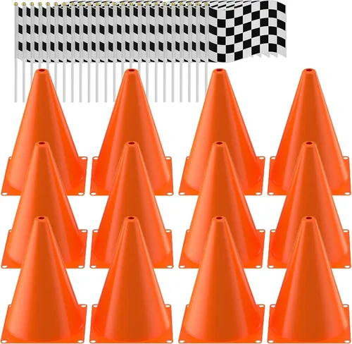 Miniatura 7 de Conos de tráfico con banderas a cuadros de carreras, 6 conos de tráfico con agujero en la parte superior, 12 banderas a cuadros, suministros