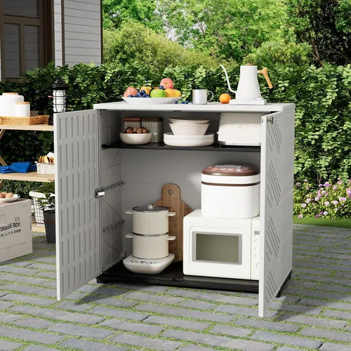 Miniatura 6 de HOMSPARK Armario de almacenamiento para interiores y exteriores con puertas y 1 estante, caja de almacenamiento de plástico HDPE de 34 x 15 x 34